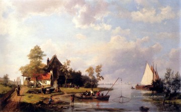  Fluss Kunst - A Niet Landschaft mit einer Fähre und Figuren Mending A Boot Hermanus Snr Koekkoek Seestück Boot